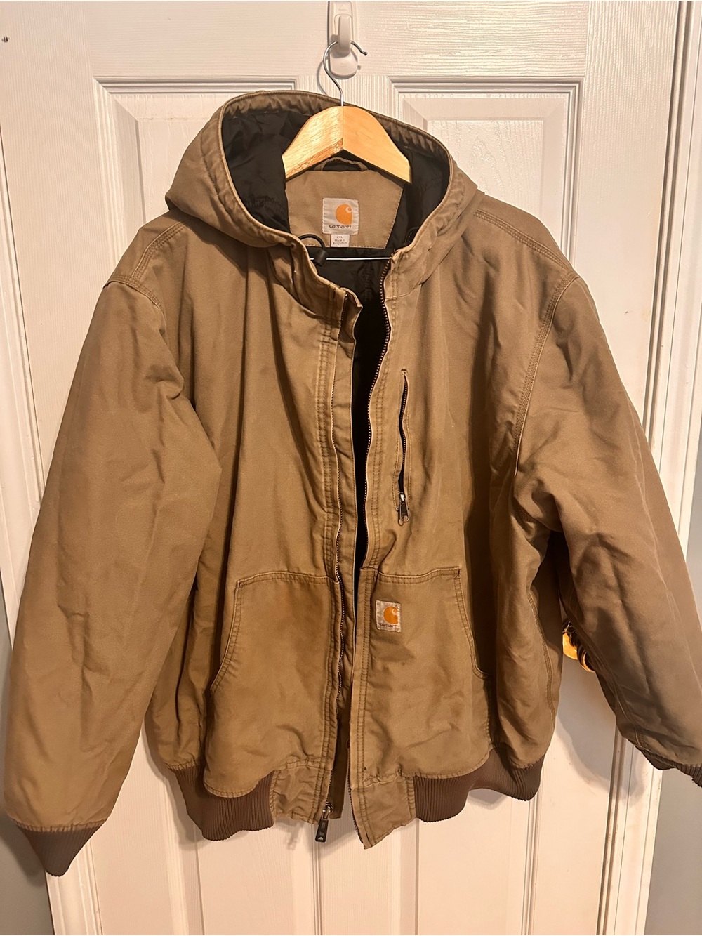 Carhartt Tan Hooded Work Jacket with Ribbed Hem